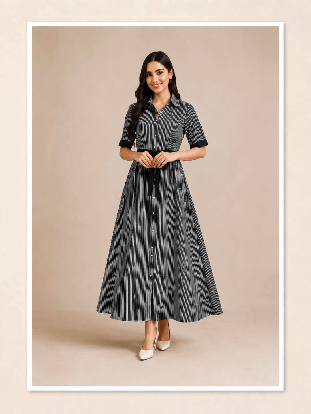 Women's Stripes Long Dress with Belt – Cotton