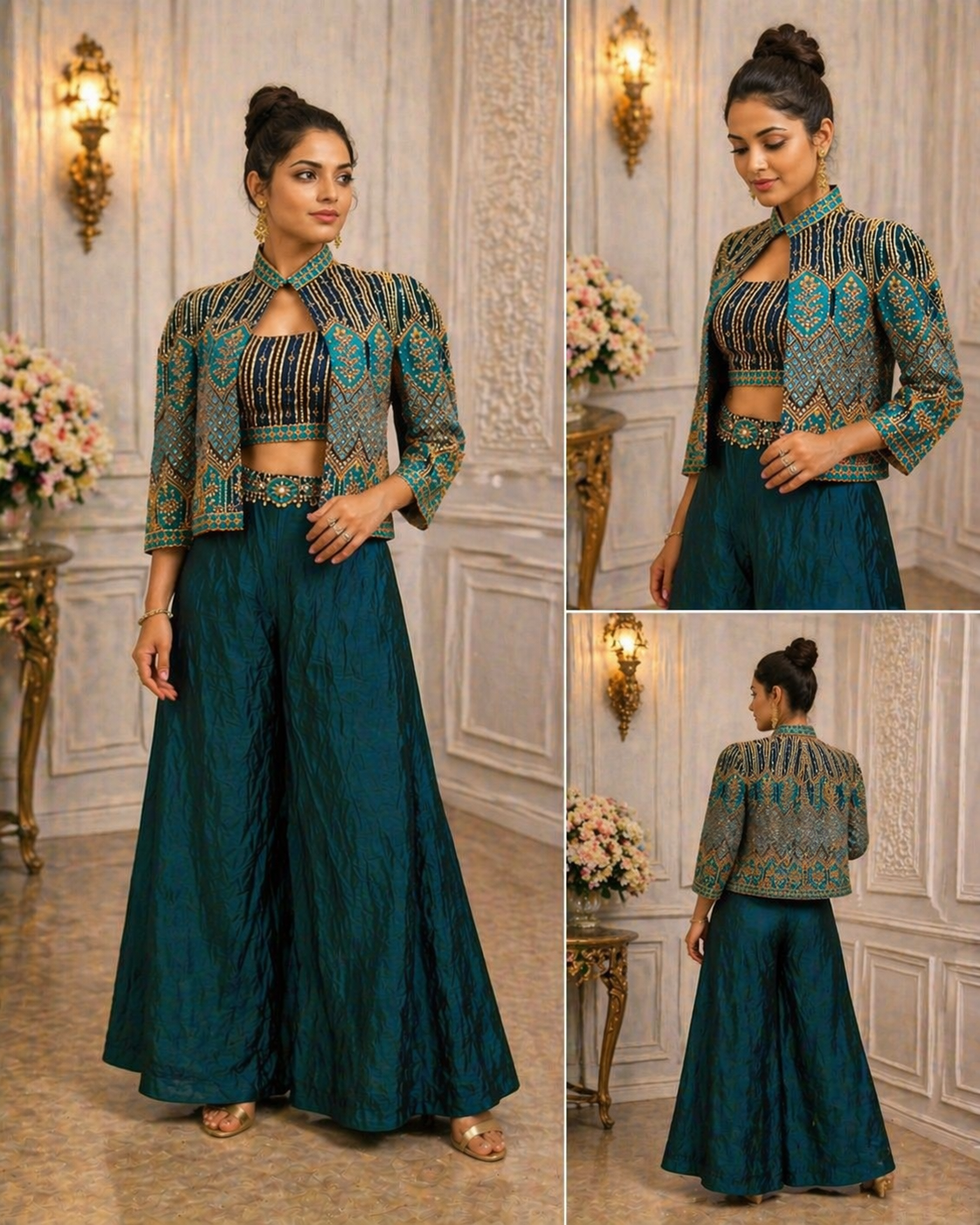 Premium Chinon Embroidered Jacket Set for Women | Designer Party Wear 3 Piece Suit