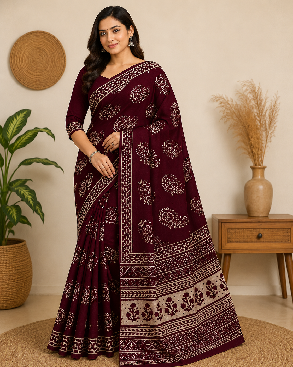 Premium Maroon Bagru Hand Block Printed Cotton Mul Saree
