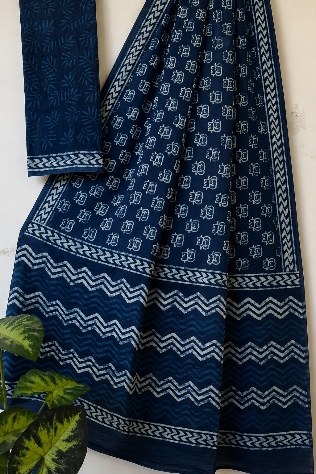 Indigo Elephant Print Hand Block Cotton Mul Saree