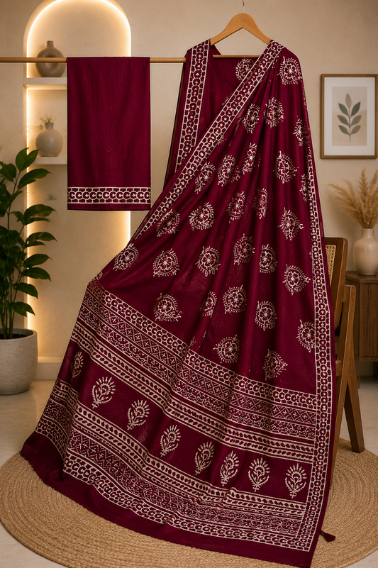 Maroon Floral Hand Block Print Cotton Mul Saree