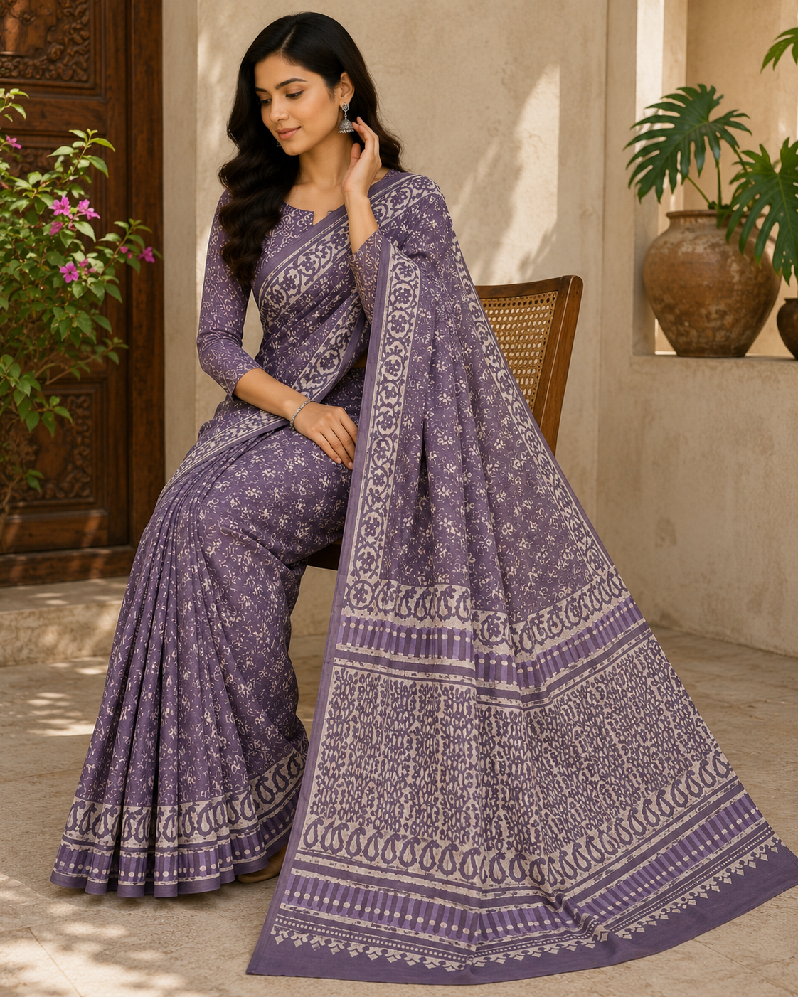 Lavender Grey Hand Block Print Cotton Mul Saree With Blouse