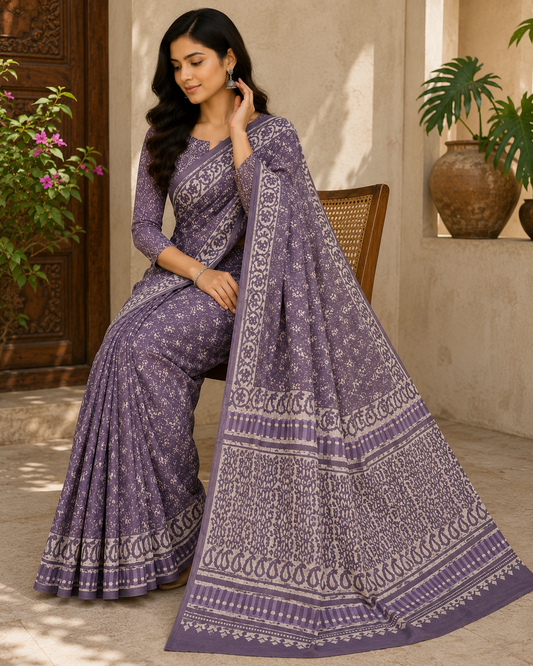 Lavender Grey Hand Block Print Cotton Mul Saree With Blouse