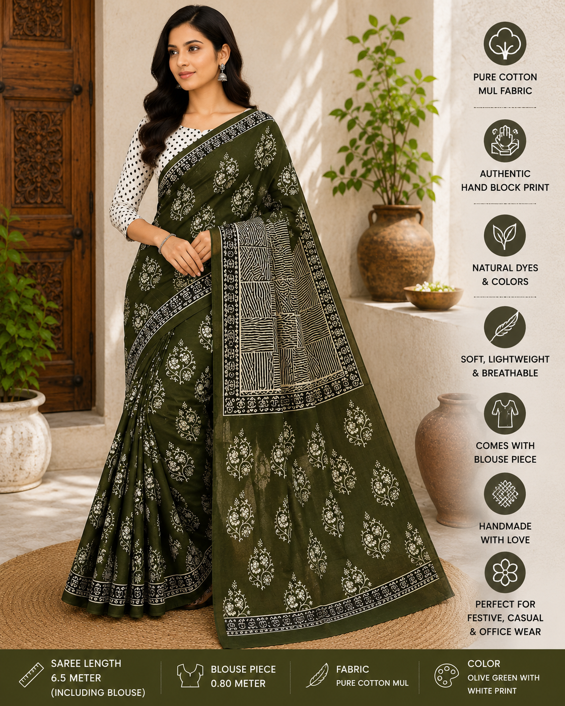 Olive Green Hand Block Print Cotton Mul Saree With Blouse