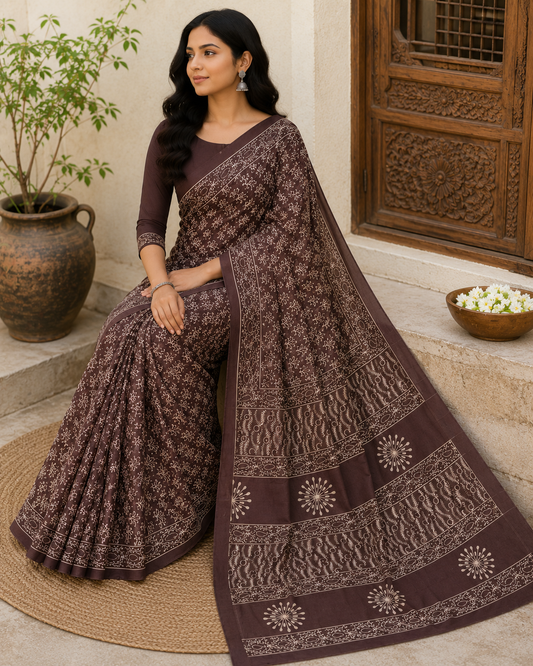 Premium Pure Cotton Mul Bagru Hand Block Print Saree with Blouse Piece