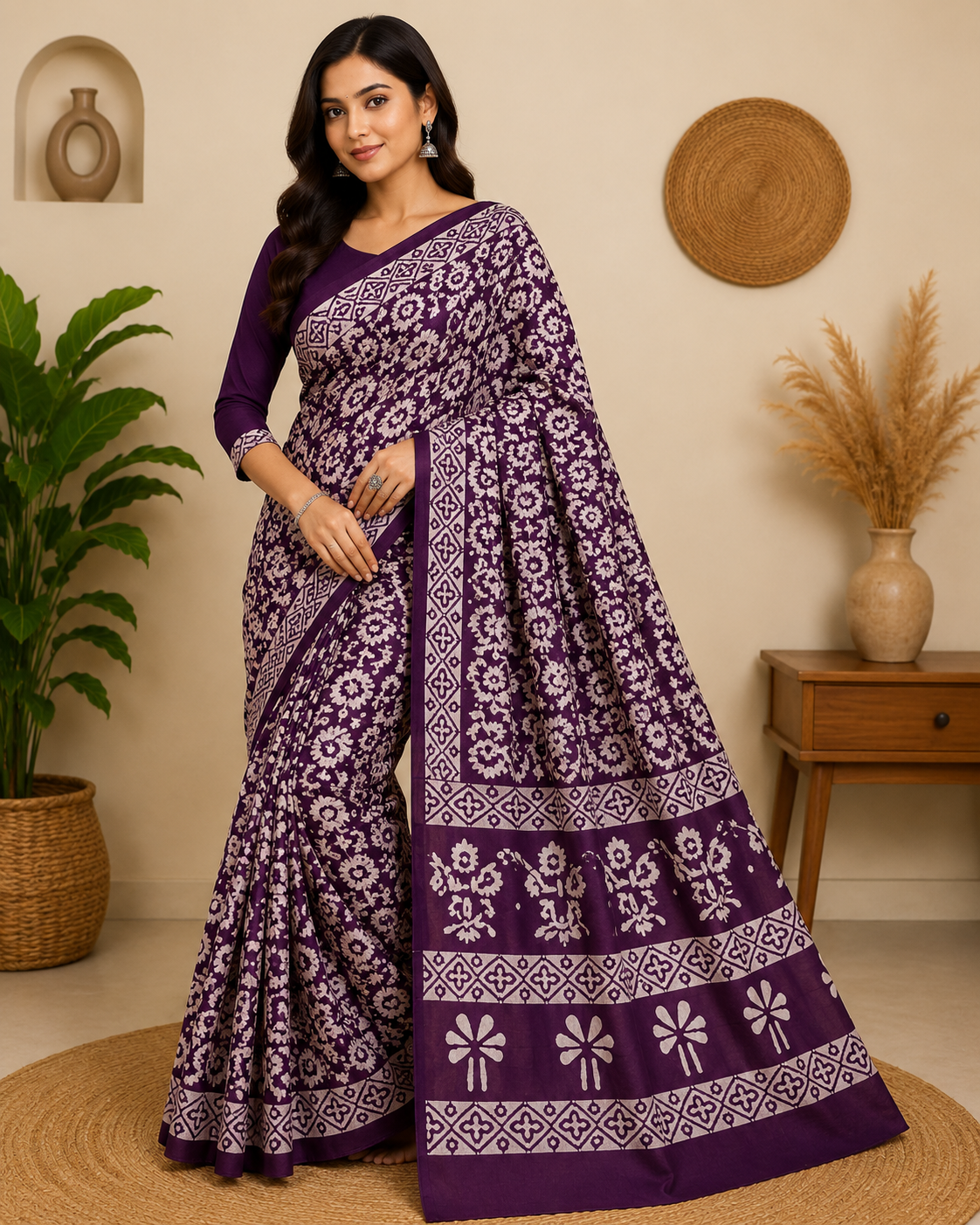 Purple Floral Hand Block Print Cotton Mul Saree With Blouse