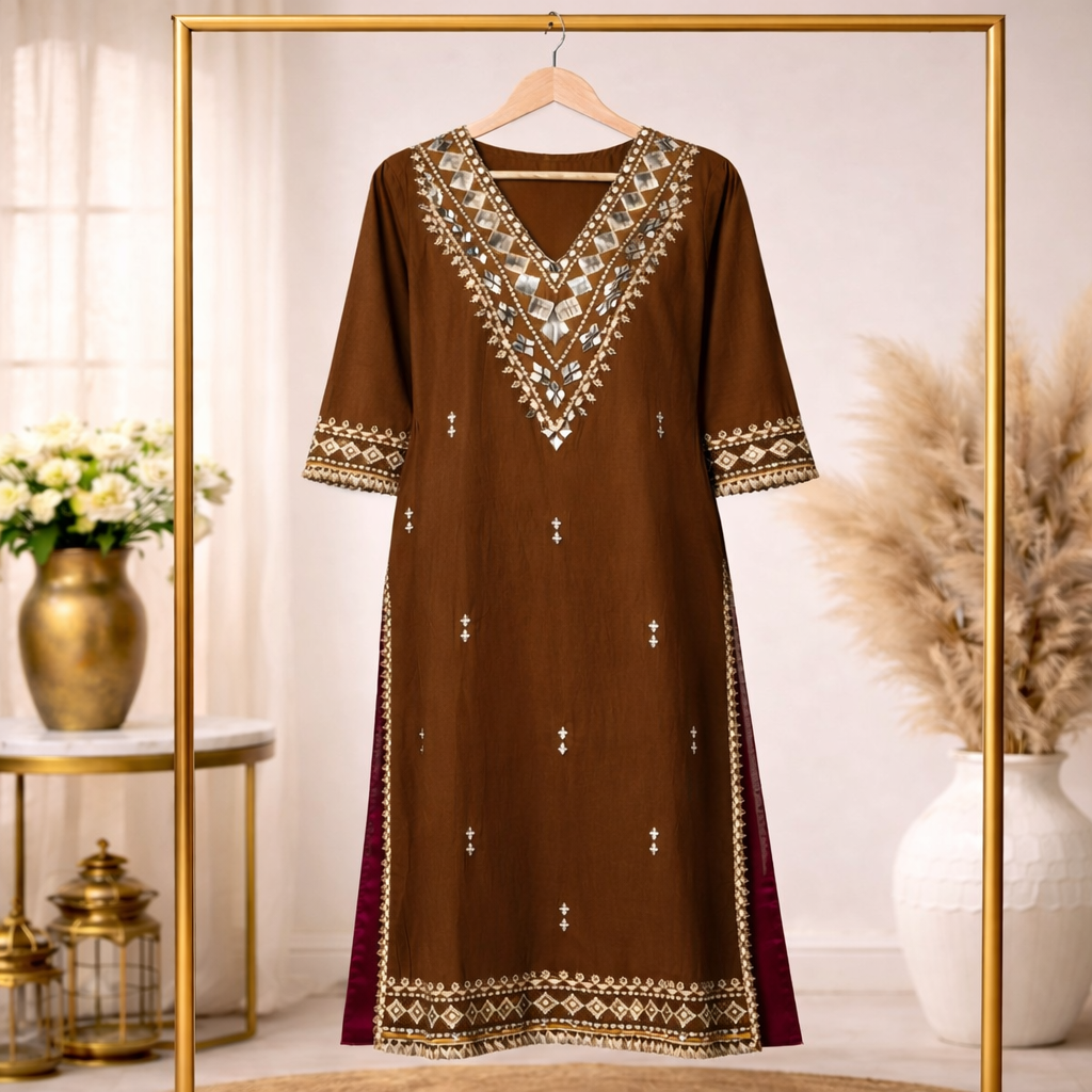 Designer Anarkali Kurta Set for Women (Red, Yellow, Brown)