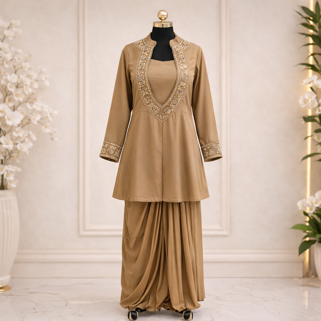 Designer Crape fabric Kurta Pant Set for Women (Brown)
