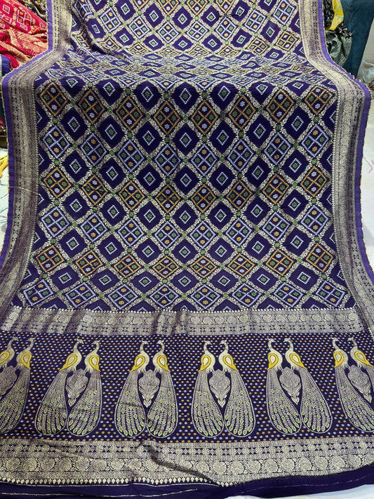 Pure Georgette Junglo Bandhani Saree With Peacock Pallu – Multi Color Designer Collection