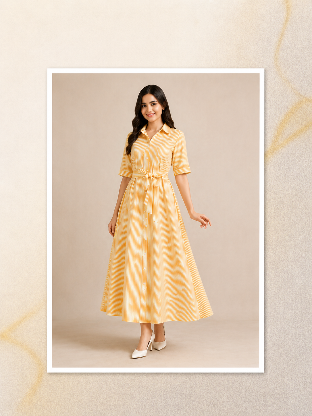 Women's Stripes Long Dress with Belt – Cotton
