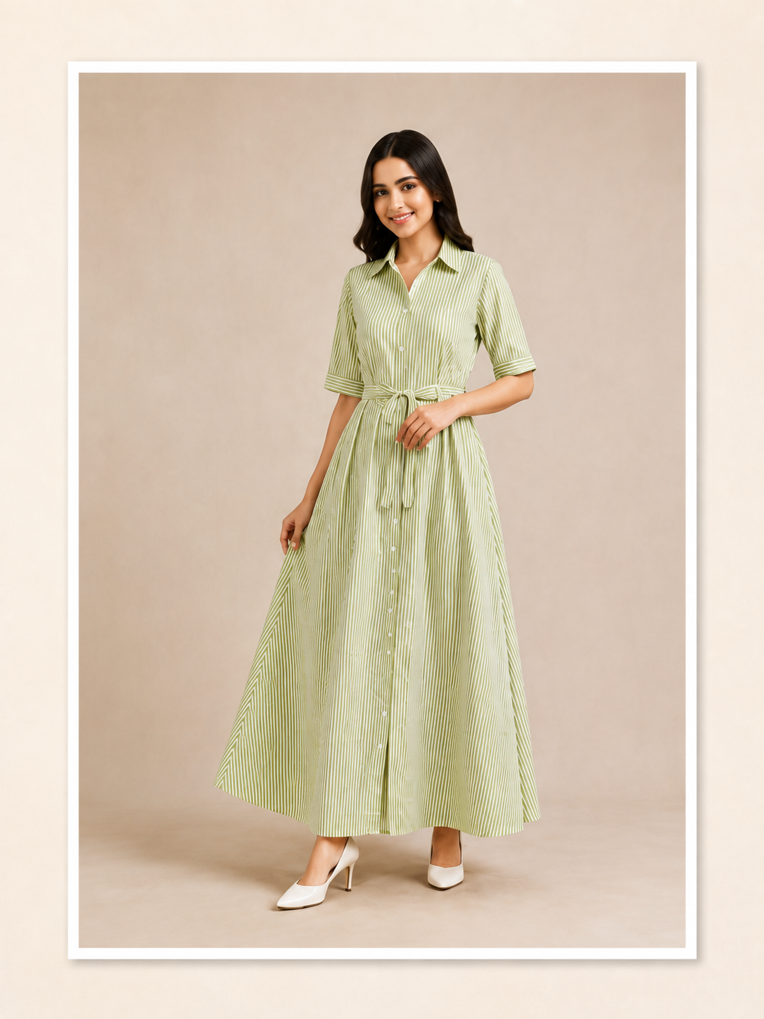 Women's Stripes Long Dress with Belt – Cotton