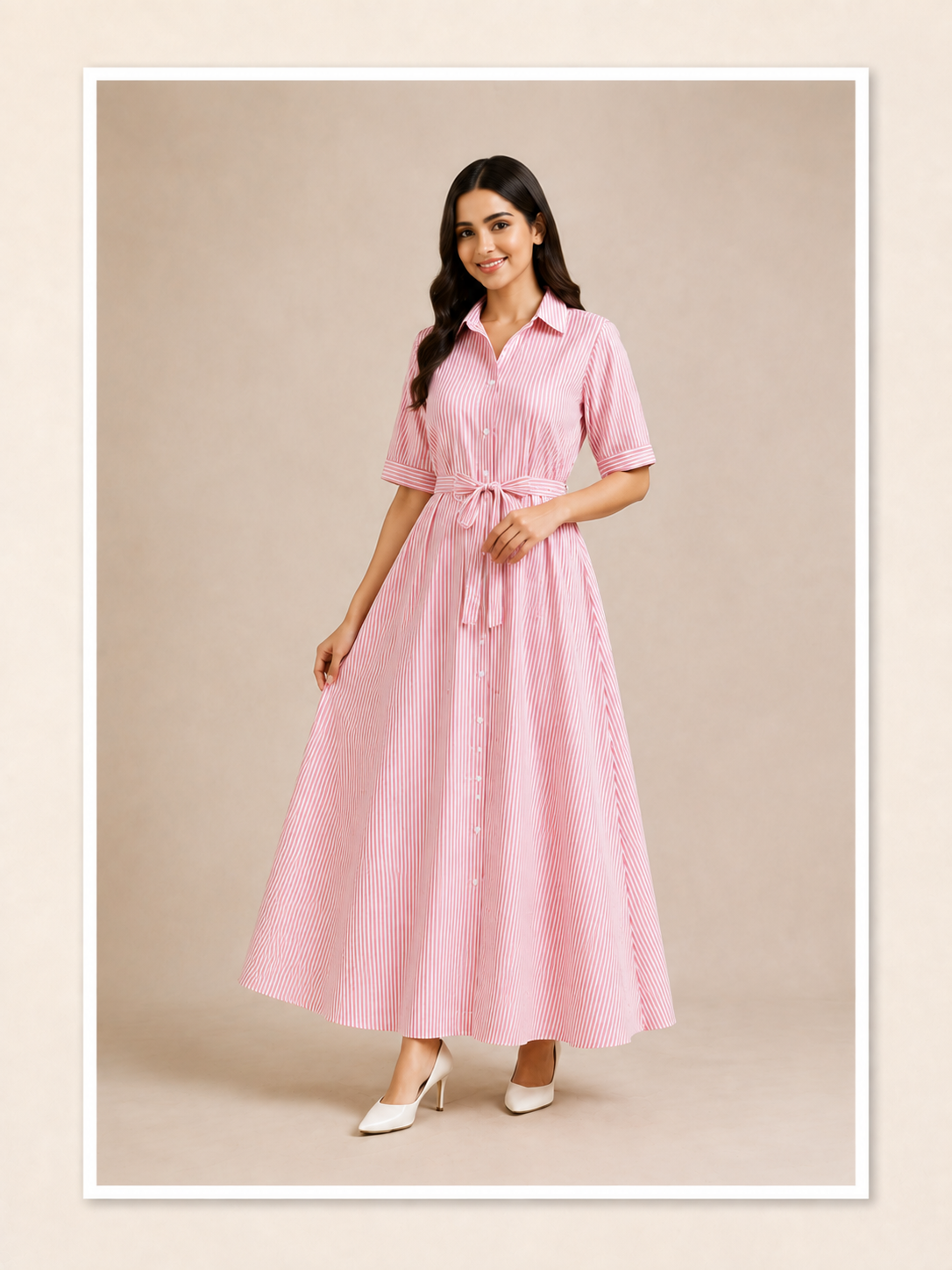 Women's Stripes Long Dress with Belt – Cotton