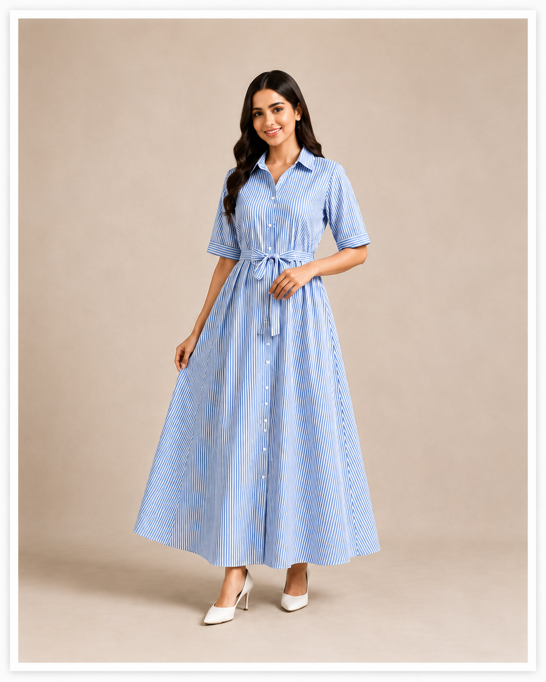 Women's Stripes Long Dress with Belt – Cotton