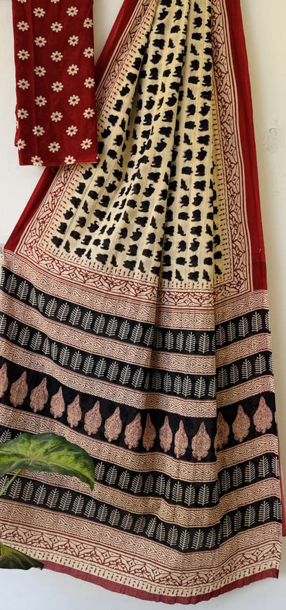 Hand Block Elephant Print Cotton Mul Saree – Red & Black