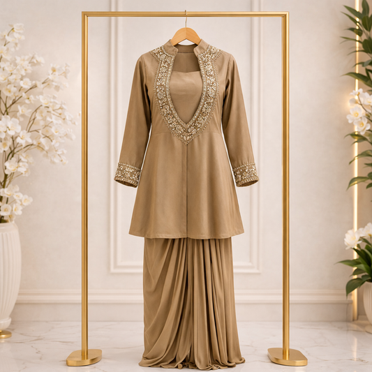 Designer Chinon Kurta Pant Set for Women (Brown)