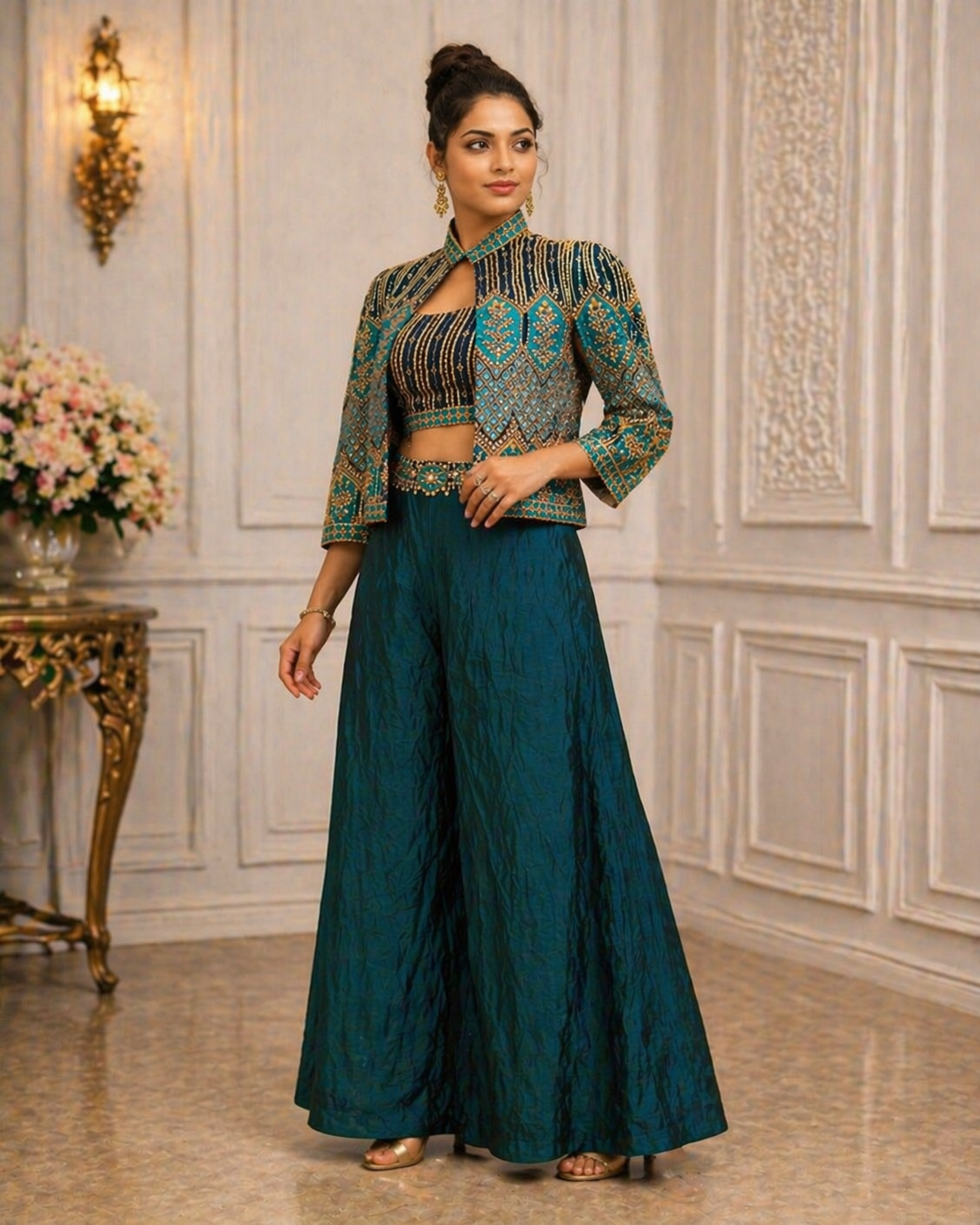Premium Chinon Embroidered Jacket Set for Women | Designer Party Wear 3 Piece Suit