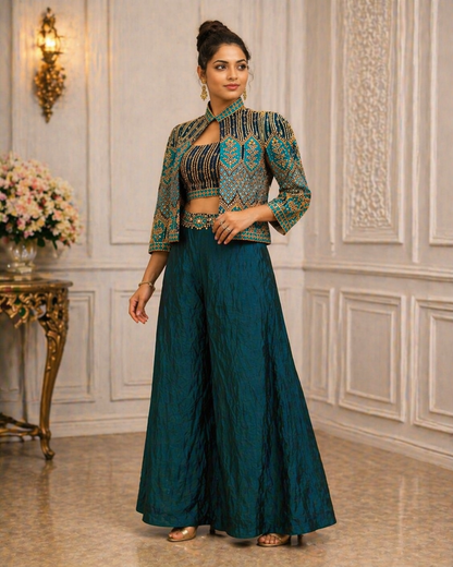 Premium Chinon Embroidered Jacket Set for Women | Designer Party Wear 3 Piece Suit