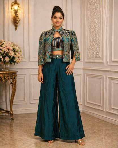 Premium Chinon Embroidered Jacket Set for Women | Designer Party Wear 3 Piece Suit