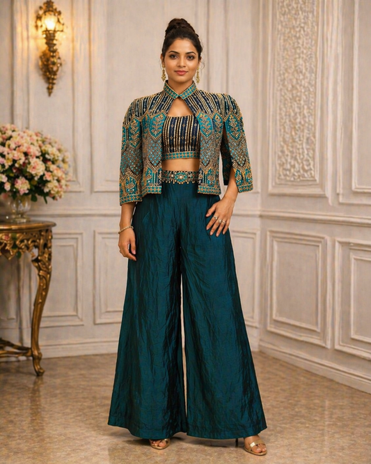 Premium Chinon Embroidered Jacket Set for Women | Designer Party Wear 3 Piece Suit
