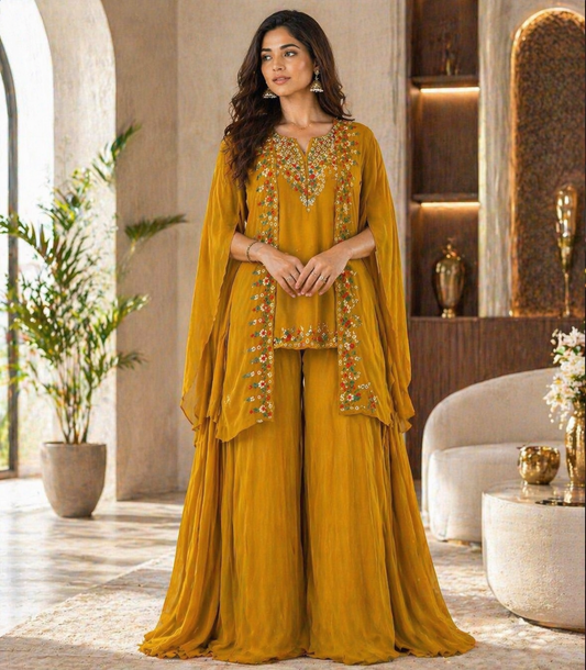 Premium Mustard Chinon Embroidered Co-Ord Set for Women | Party Wear Palazzo Set
