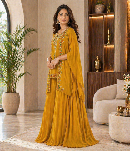 Premium Mustard Chinon Embroidered Co-Ord Set for Women | Party Wear Palazzo Set