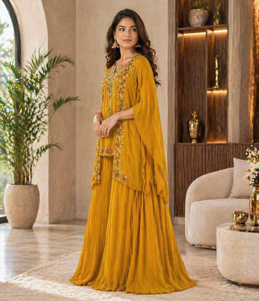 Premium Mustard Chinon Embroidered Co-Ord Set for Women | Party Wear Palazzo Set