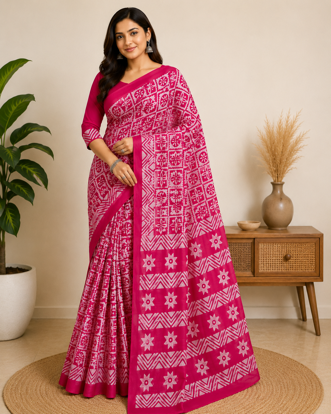 Hand Block Floral Geometric Print Cotton Mul Saree