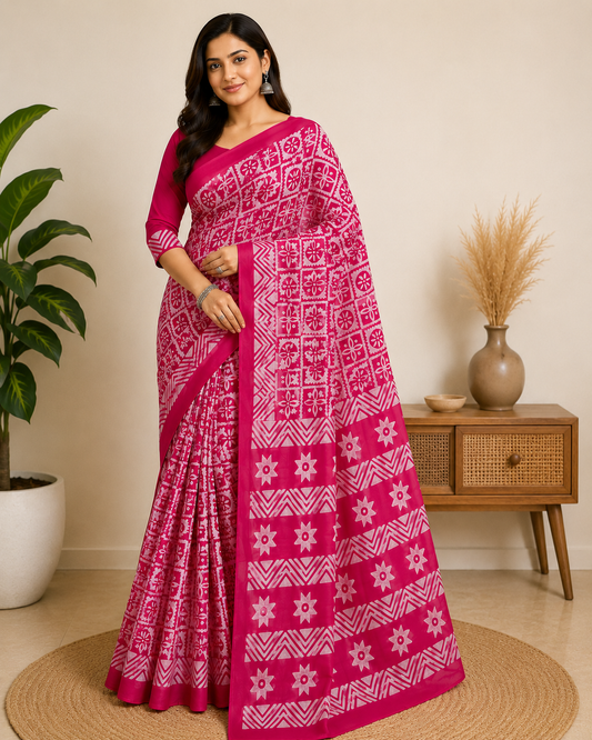 Hand Block Floral Geometric Print Cotton Mul Saree