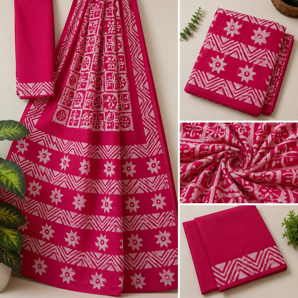 Hand Block Floral Geometric Print Cotton Mul Saree