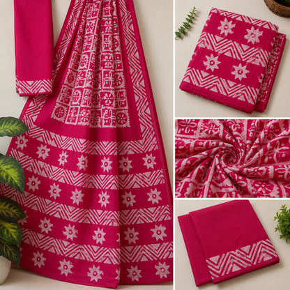Hand Block Floral Geometric Print Cotton Mul Saree