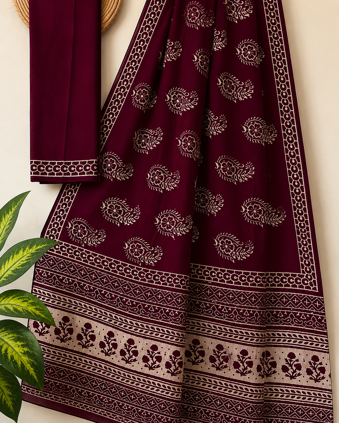 Premium Maroon Bagru Hand Block Printed Cotton Mul Saree