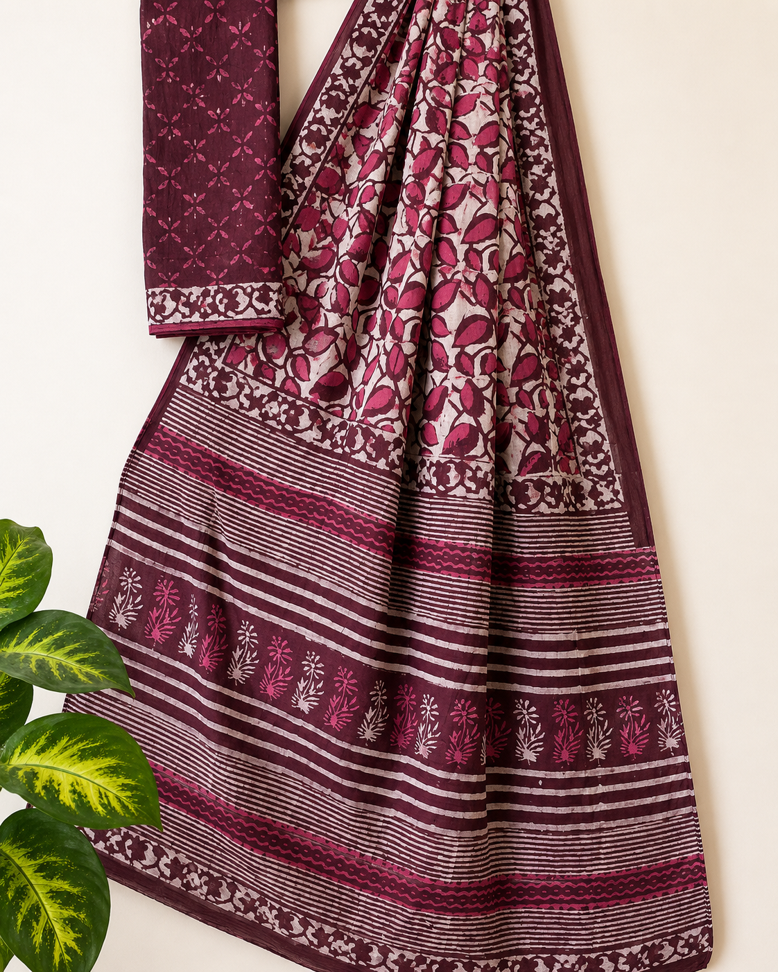 Hand Block Leaf Vine Print Cotton Mul Saree