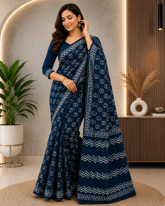 Indigo Elephant Print Hand Block Cotton Mul Saree