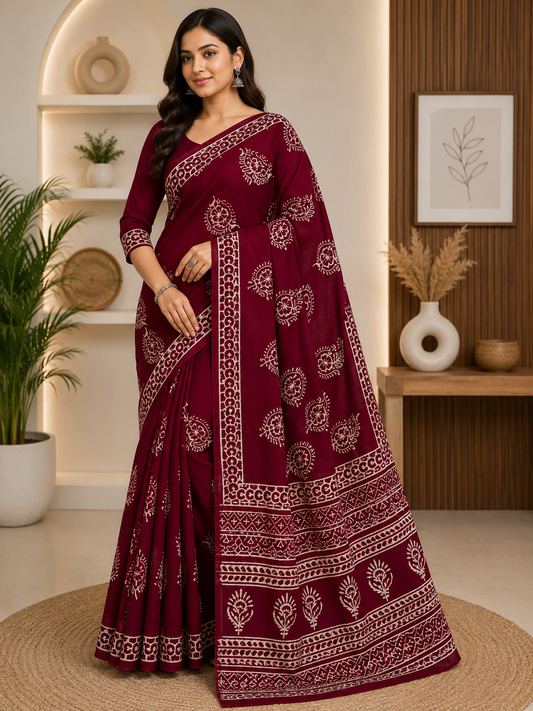 Maroon Floral Hand Block Print Cotton Mul Saree