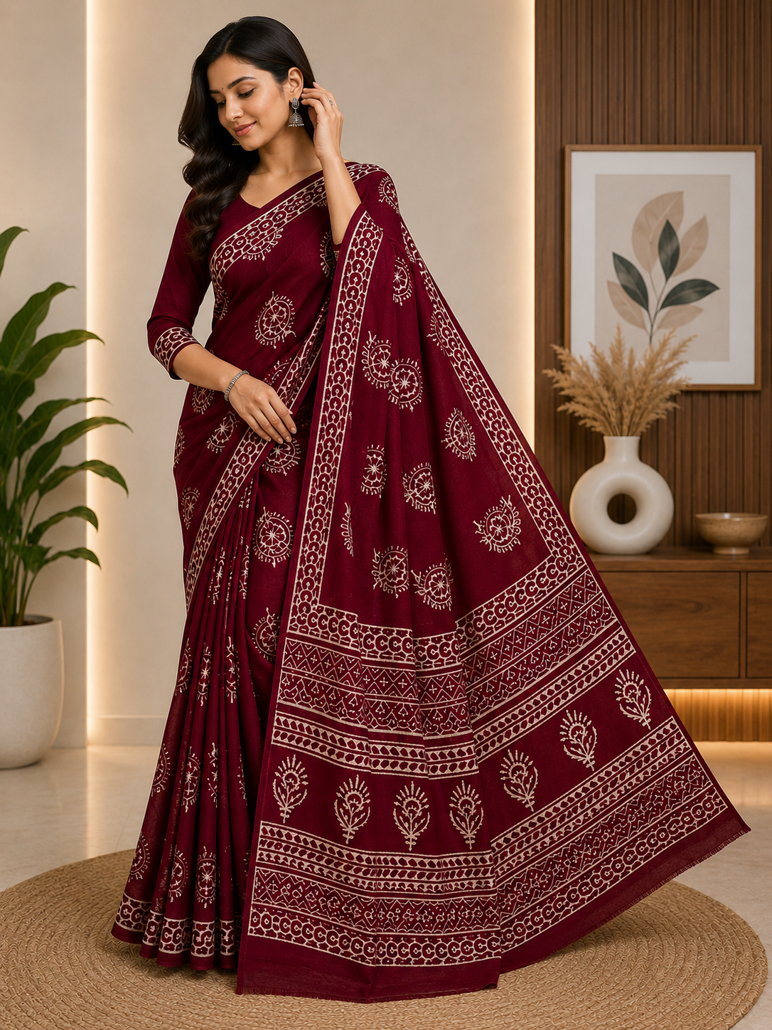 Maroon Floral Hand Block Print Cotton Mul Saree