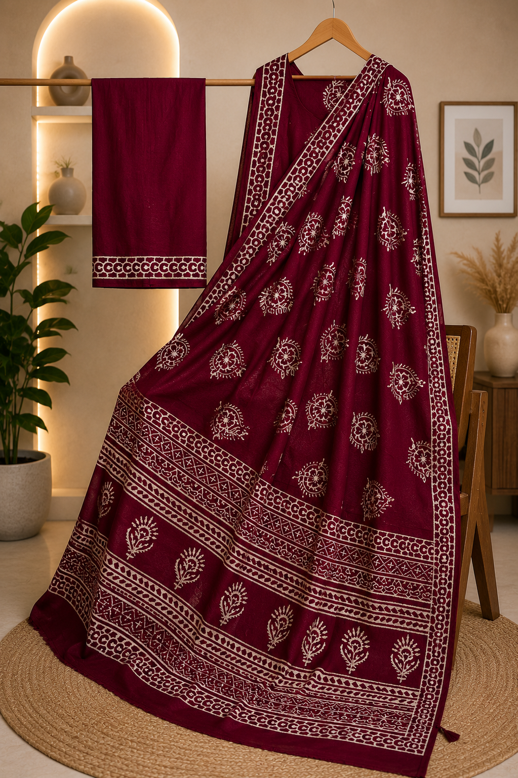 Maroon Floral Hand Block Print Cotton Mul Saree