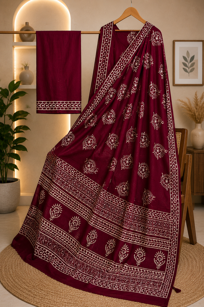 Maroon Floral Hand Block Print Cotton Mul Saree