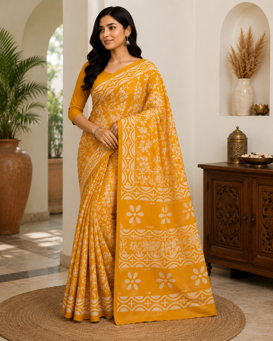 Mustard Yellow Hand Block Print Cotton Mul Saree With Blouse