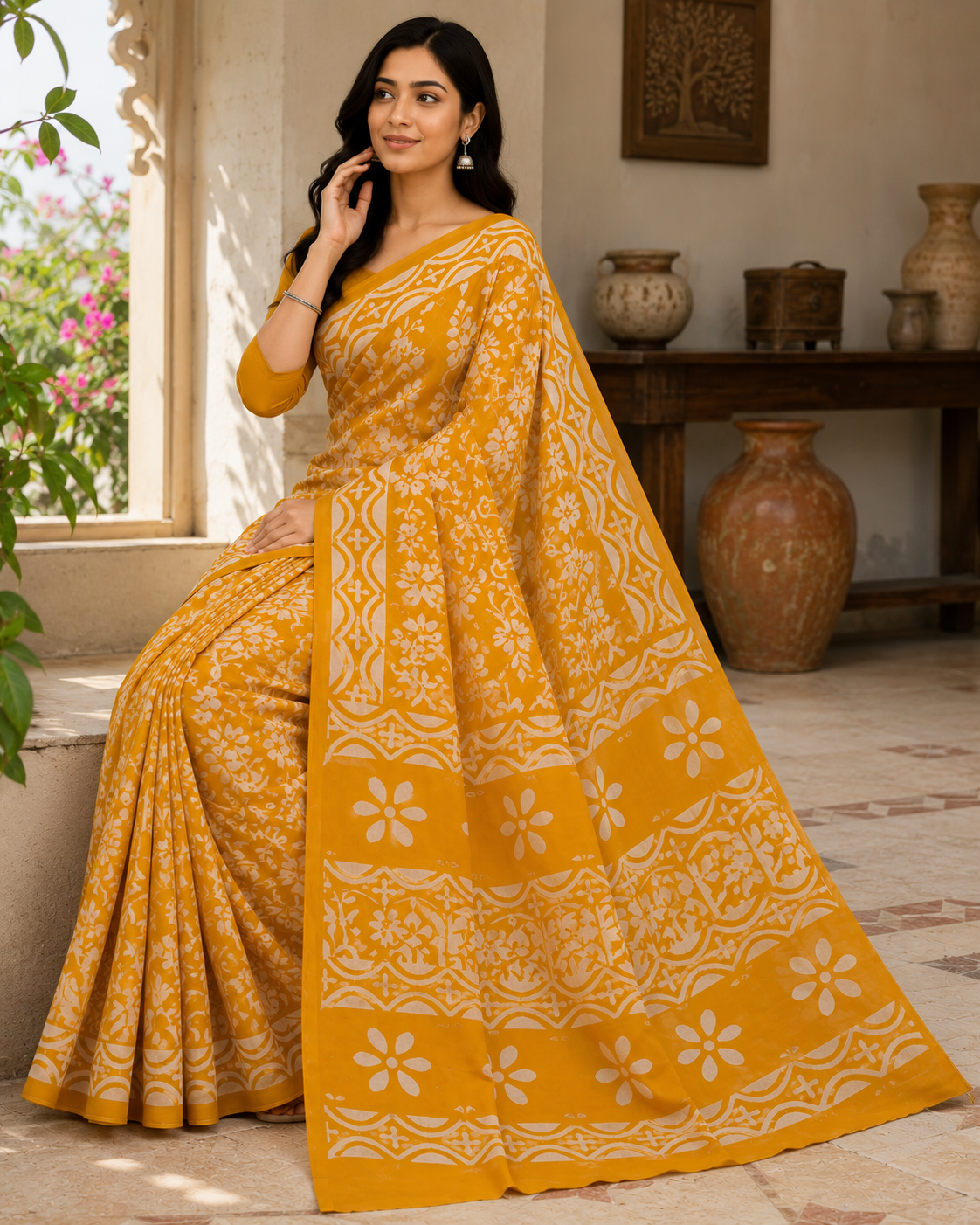 Mustard Yellow Hand Block Print Cotton Mul Saree With Blouse