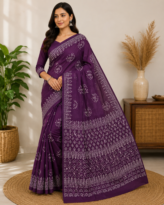Royal Purple Hand Block Print Cotton Mul Saree With Blouse