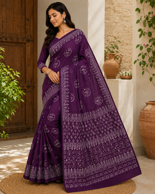 Royal Purple Hand Block Print Cotton Mul Saree With Blouse