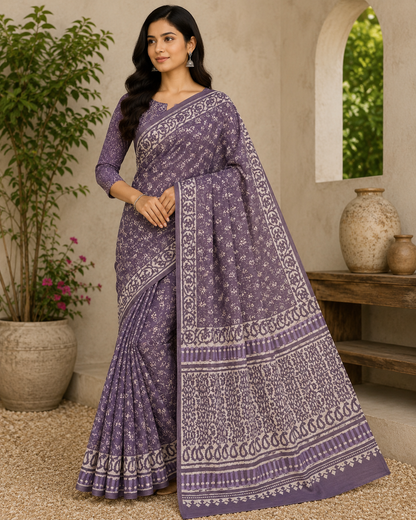 Lavender Grey Hand Block Print Cotton Mul Saree With Blouse