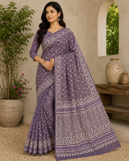 Lavender Grey Hand Block Print Cotton Mul Saree With Blouse