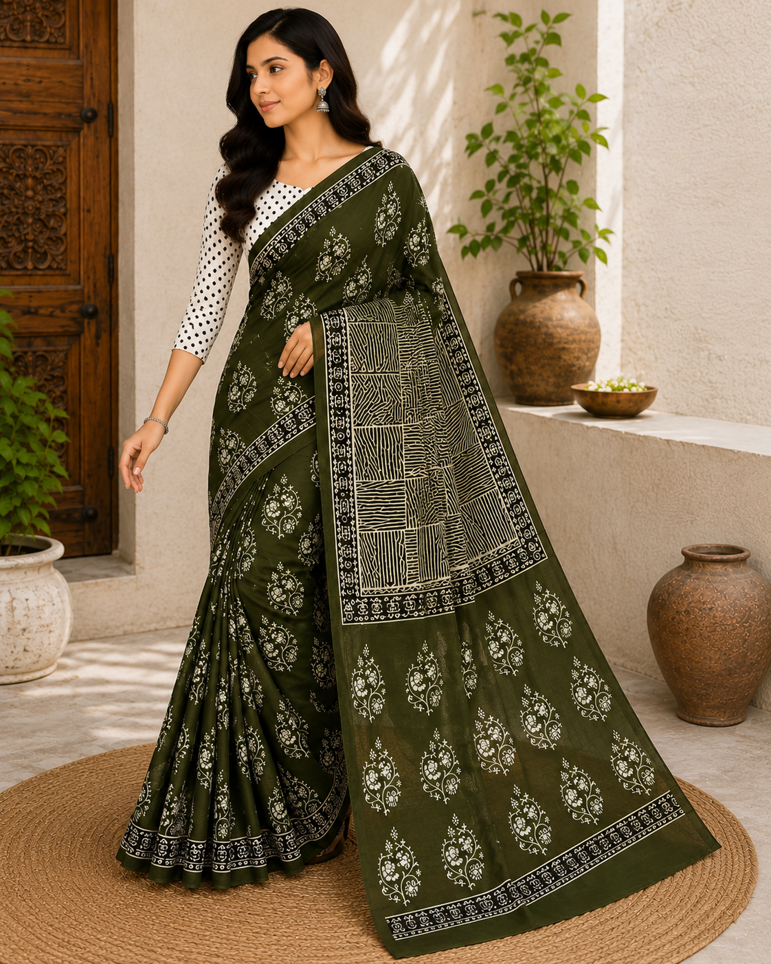 Olive Green Hand Block Print Cotton Mul Saree With Blouse