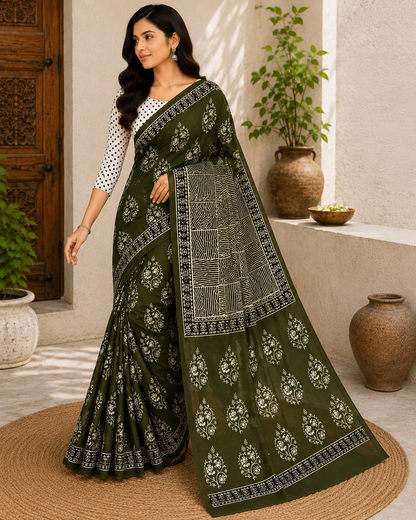 Olive Green Hand Block Print Cotton Mul Saree With Blouse