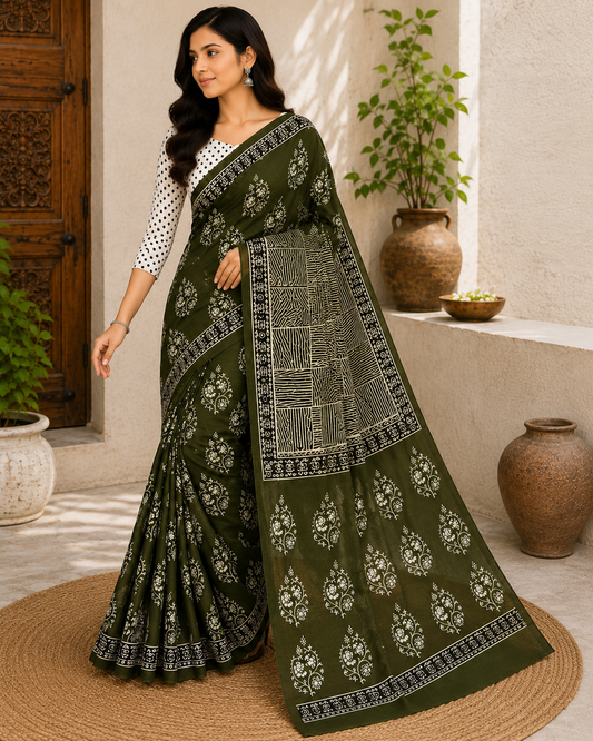 Olive Green Hand Block Print Cotton Mul Saree With Blouse