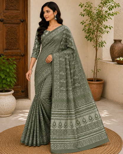 Premium Hand Block Print Cotton Saree with Running Blouse Piece – Everyday Elegant Ethnic Wear