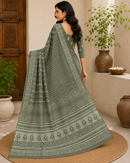 Premium Hand Block Print Cotton Saree with Running Blouse Piece – Everyday Elegant Ethnic Wear