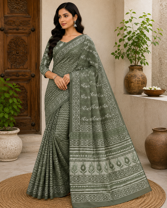 Premium Hand Block Print Cotton Saree with Running Blouse Piece – Everyday Elegant Ethnic Wear