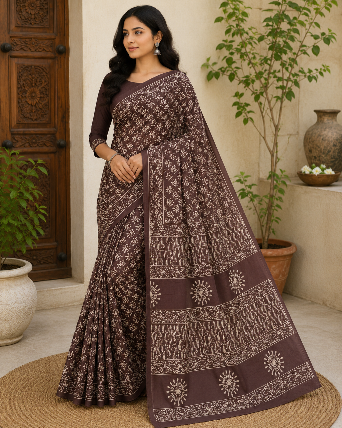 Premium Pure Cotton Mul Bagru Hand Block Print Saree with Blouse Piece